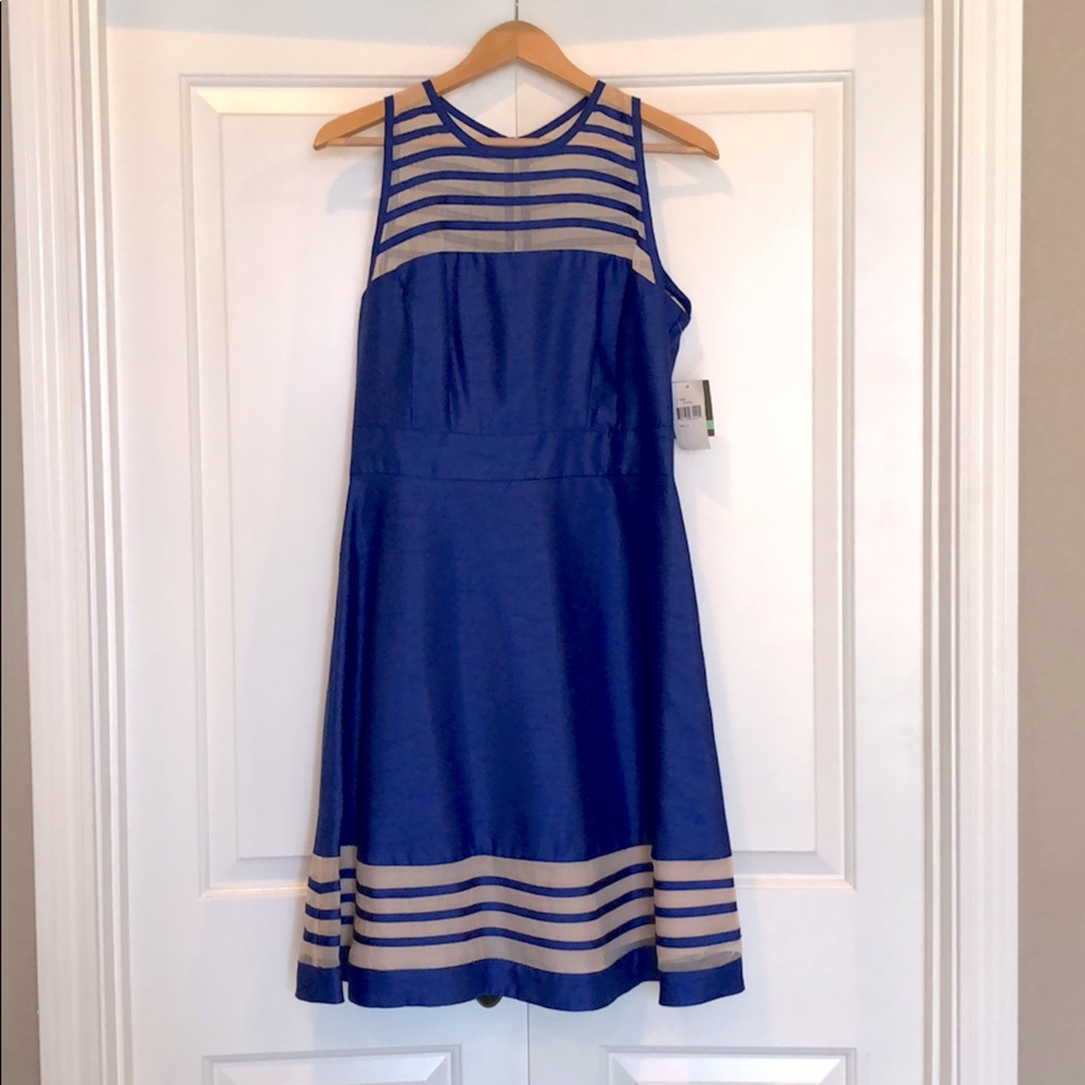 Blue silk dress with mesh detailing